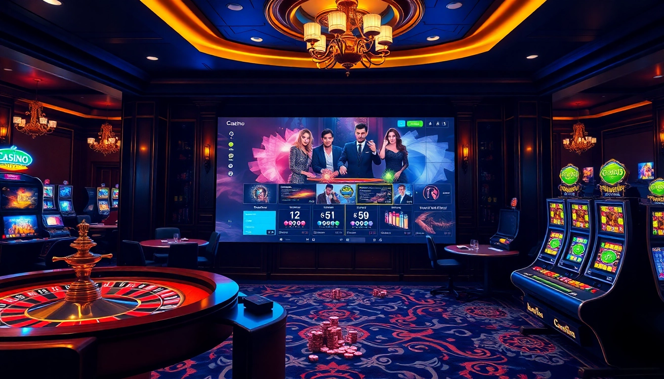 Découvrez l'excitation du casino en ligne avec des joueurs engagés autour de tables de luxe et de machines à sous vibrantes.