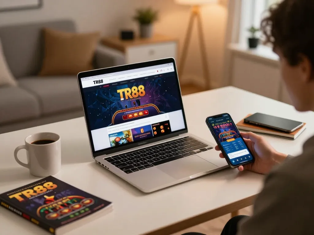 Engaging with TR88 online casino on a laptop and smartphone in a cozy home environment.