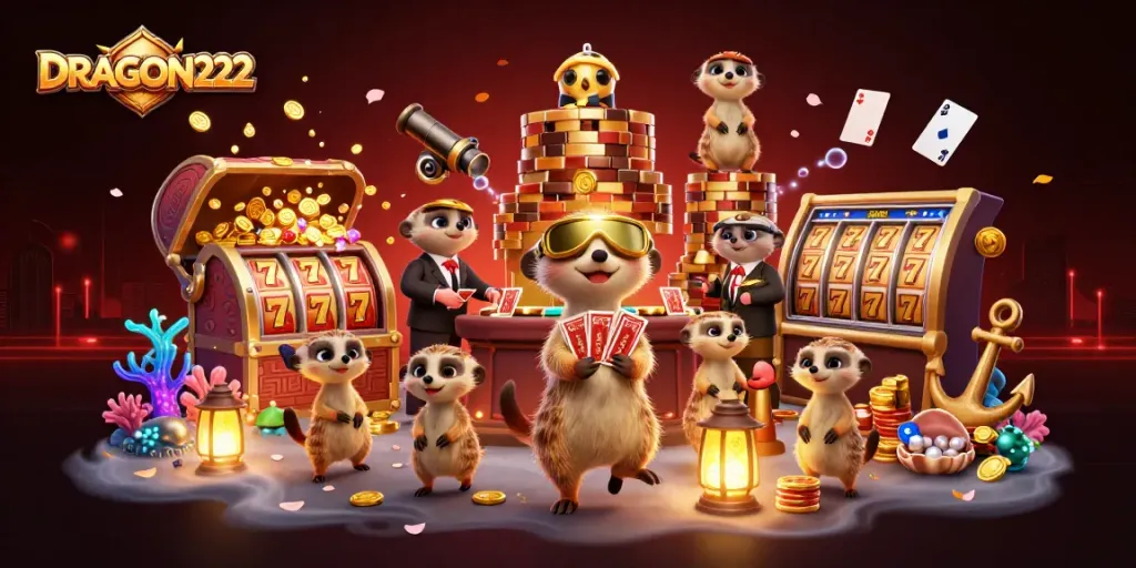 Experience the excitement of DRAGON222 slots with a dynamic meerkat casino scene and colorful treasures.