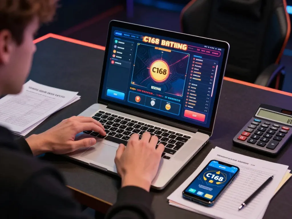 C168 betting interface displayed on laptop, highlighting professional online gambling setup.