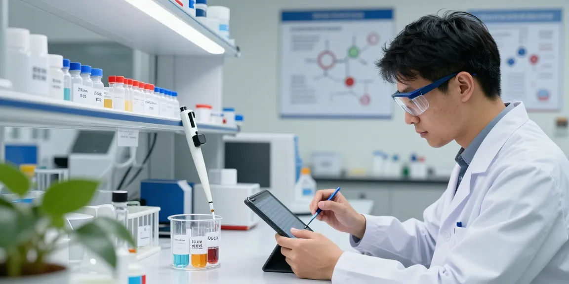 Researcher examining peptide solutions in a Swiss Chems laboratory.