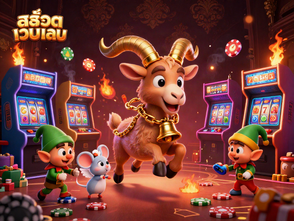 Engage with สล็อตเว็บตรง at a vibrant holiday casino featuring Krampus, angel mouse, and elf gremlins stealing chips.