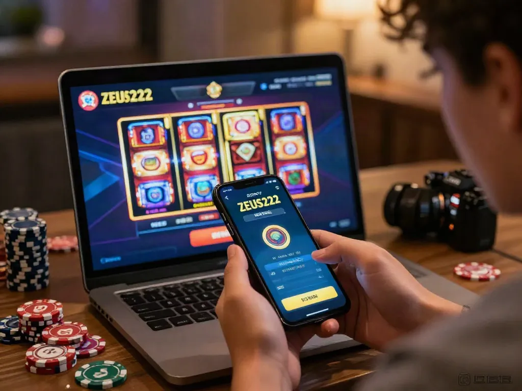 Pengguna ZEUS222 menikmati permainan slot gacor di aplikasi mobile, dikelilingi grafik permainan yang menarik.