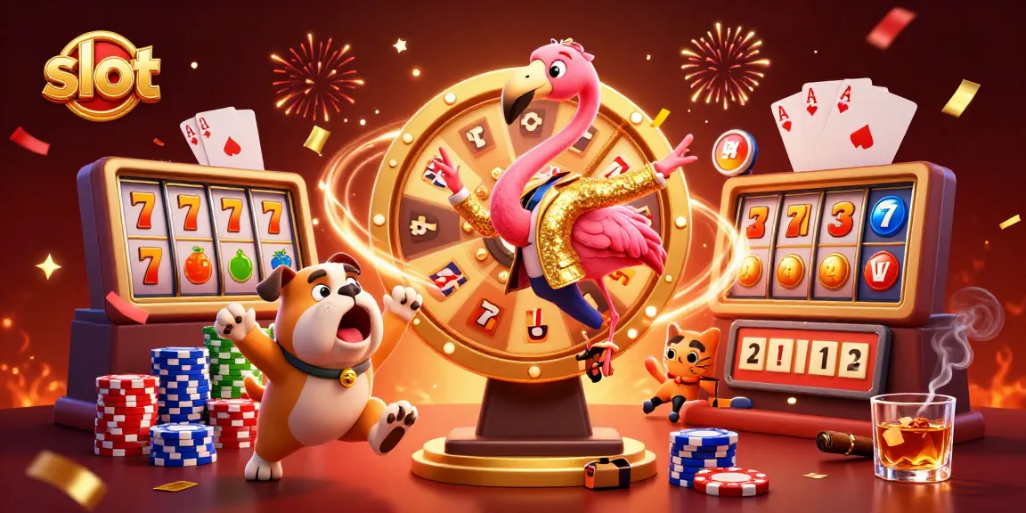 Spin to win thrilling slot prizes with our lively cartoon gaming scene featuring scores of colorful elements!