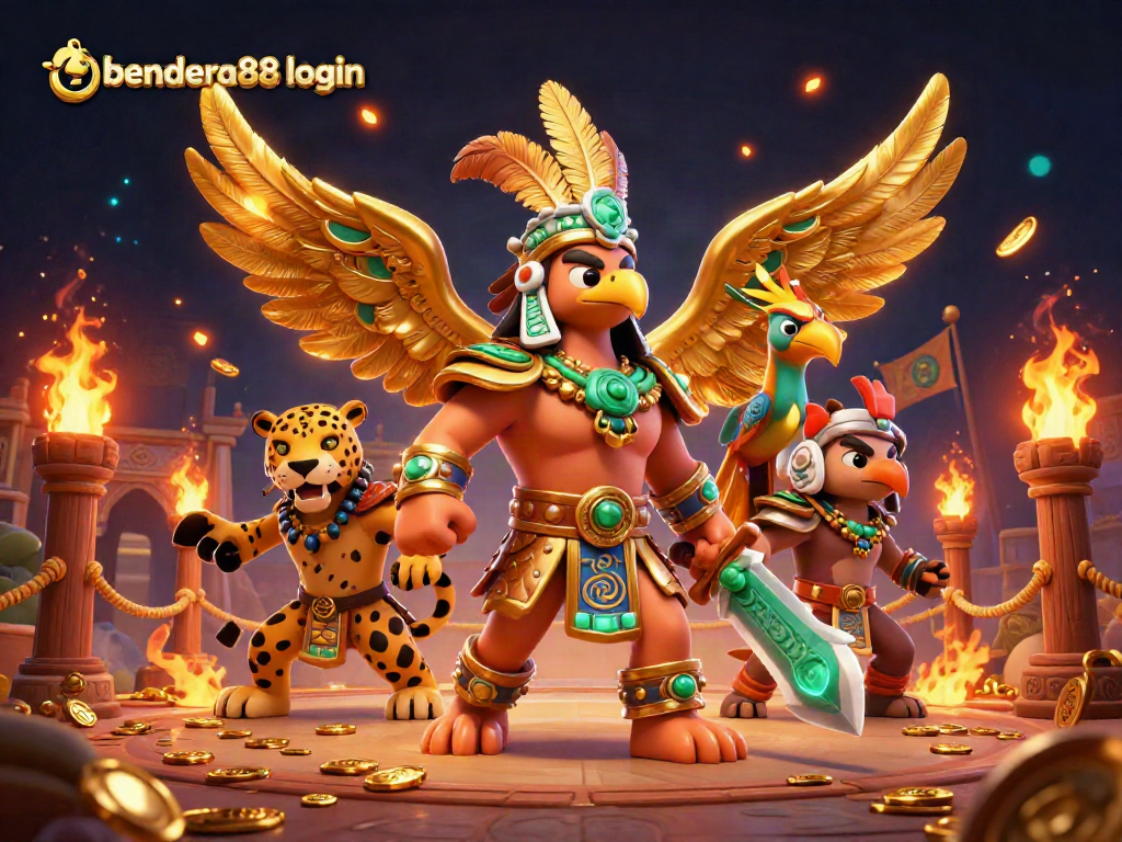 Bendera88 login untuk taruhan kasino dengan elemen Aztec beranimasi dan efek dramatis.