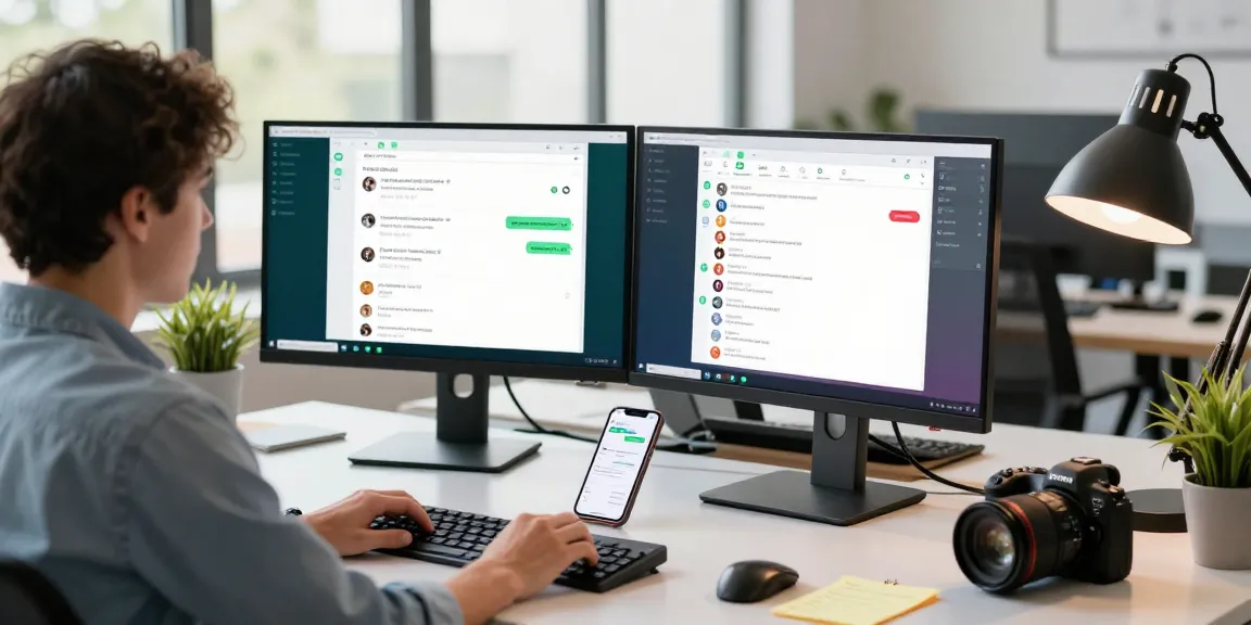 Engaging with WhatsApp電腦版 in a modern workspace featuring dual monitors and a smartphone.