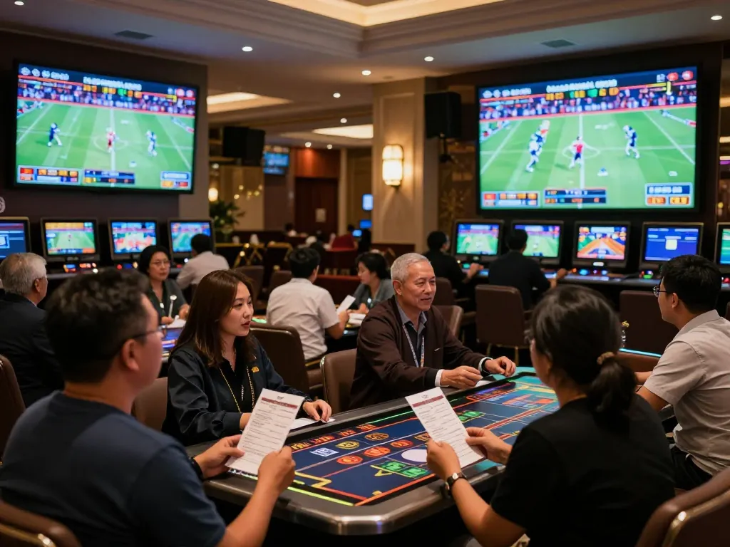 Betting excitement in a sports lounge showcasing kèo nhà cái, with patrons engaged in live game action.