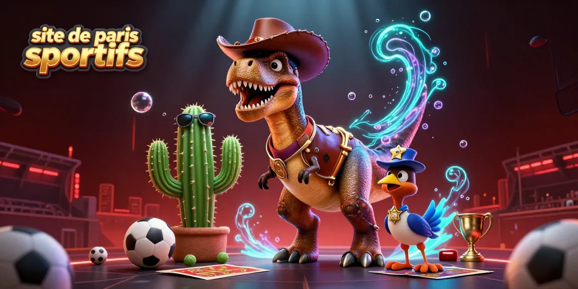Mise en avant du site de paris sportifs avec un T-Rex et des éléments de défi sportif pour attirer les parieurs.