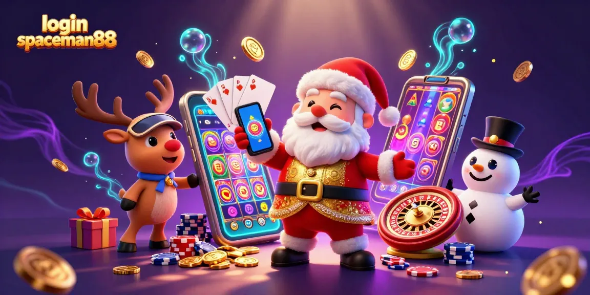 Spin to win with login spaceman88 in a vibrant 3D casino scene featuring Santa and friends celebrating jackpots.
