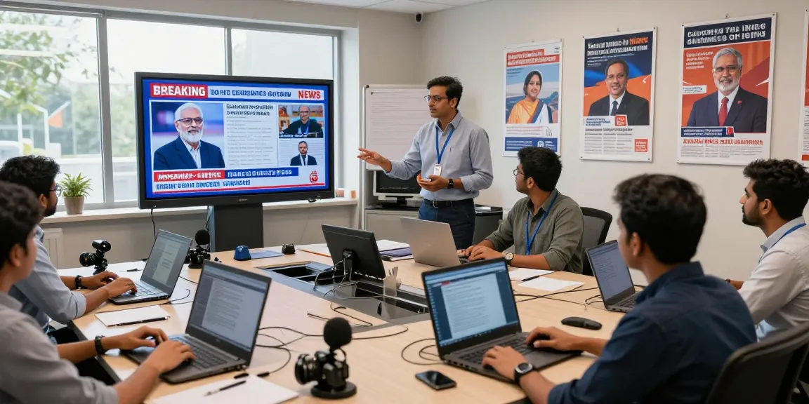Active newsroom scene depicting journalists at https://www.theindaily.com engaging in India's latest news coverage and discussions.