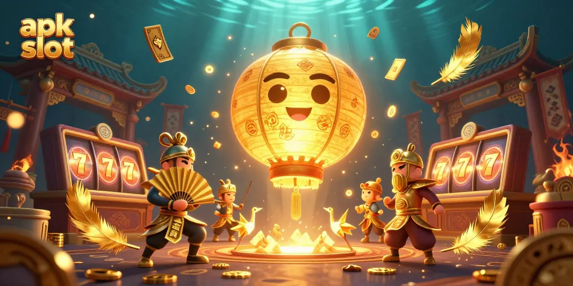 Mainkan apk slot dengan karakter cerah dan elemen kasino yang menarik di latar belakang gelap.
