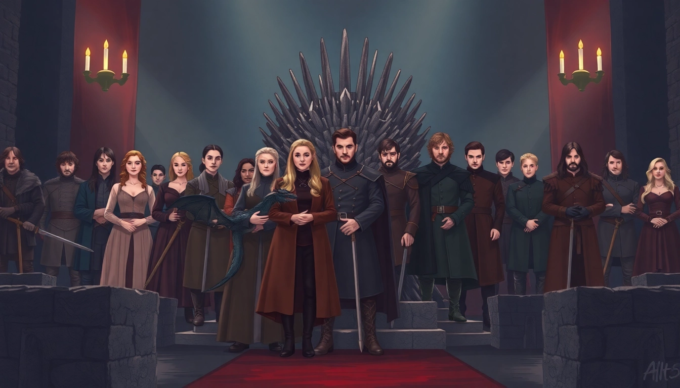 Scene depicting the game of thrones cast on set, featuring Emilia Clarke and Kit Harington in iconic costumes.