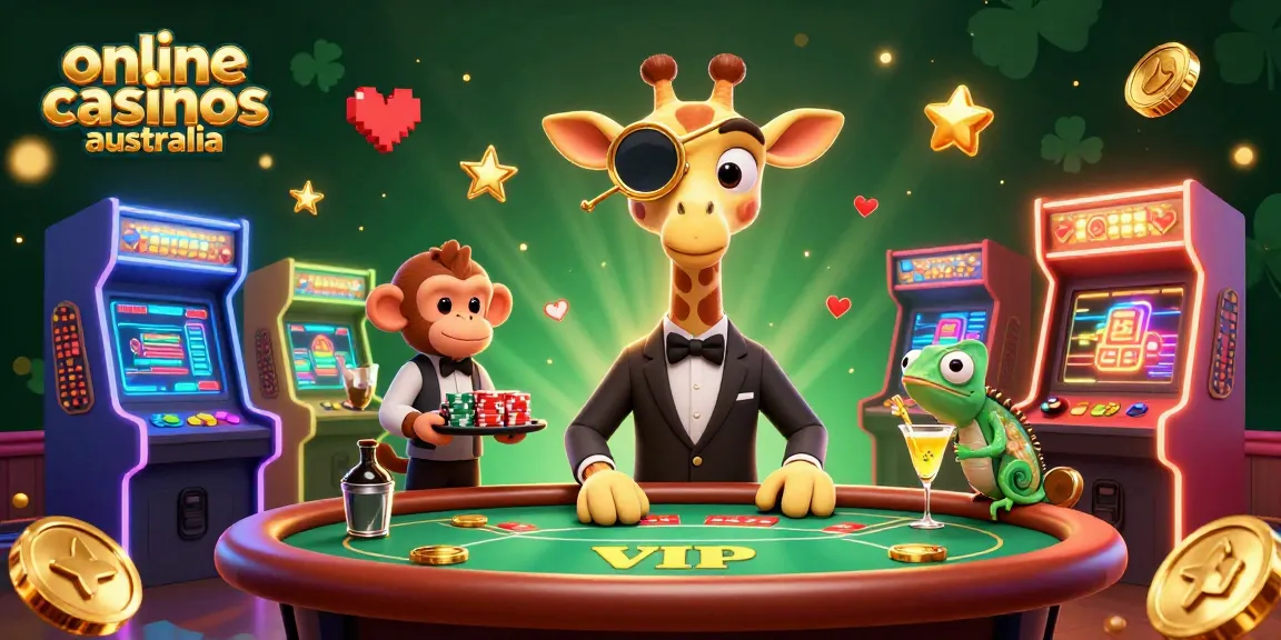 Engage with the exciting world of online casinos Australia through this vibrant 3D illustration featuring a high-roller giraffe, monkey valet, and chameleon bartender.