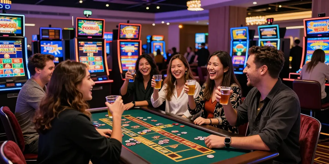 Friends enjoying the rokok88 slot machine at a lively casino, celebrating with drinks and tokens.