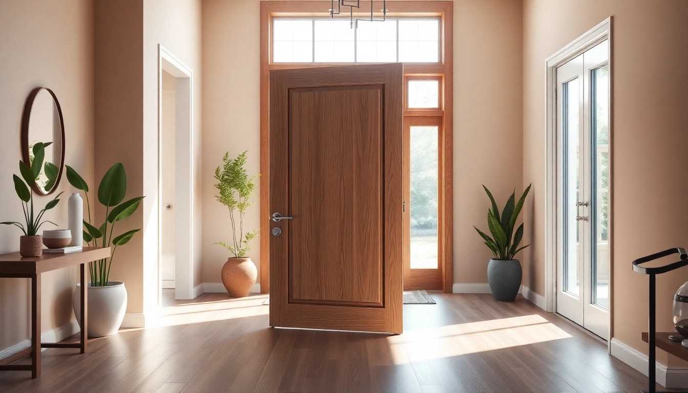 Showcasing a stylish single leaf swing door in a modern entryway with natural lighting.