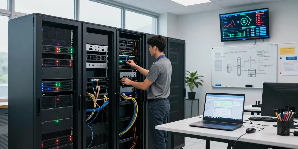 Server technician configuring reliable servidores dedicados in a modern server room with performance metrics displayed.