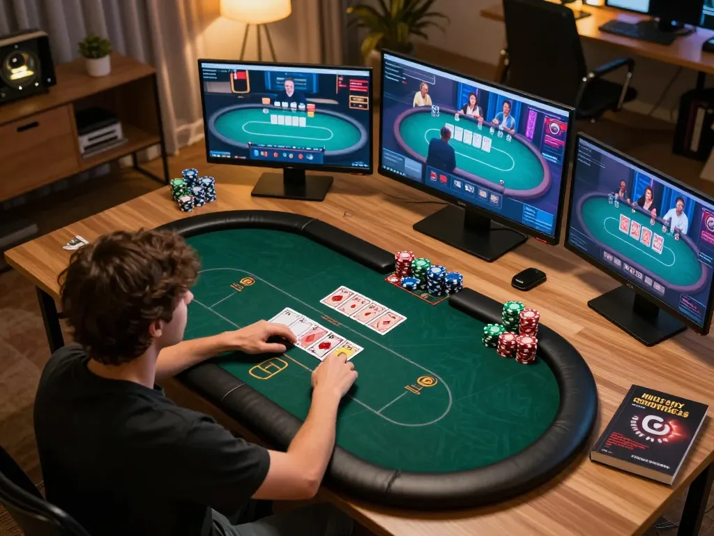 Engaging in strategic online poker gameplay while enjoying 營養奶 in a comfortable home setting.
