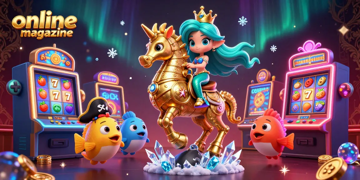 Play exciting slot games in this vibrant online magazine illustration featuring gold and lucky symbols.