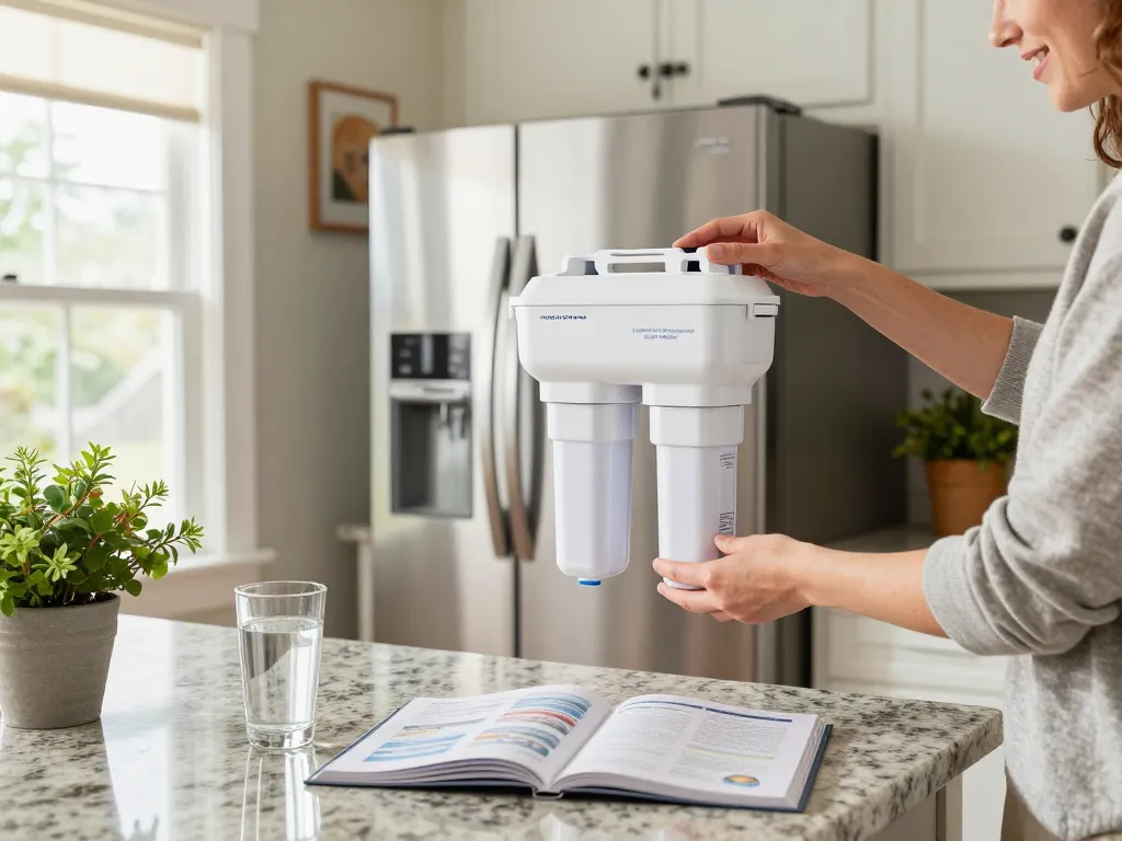 AQUA CREST EDR3RXD1 Replacement for 4396841, Everydrop® Filter 3 being expertly installed in a modern kitchen, showcasing a clean and inviting cooking space.
