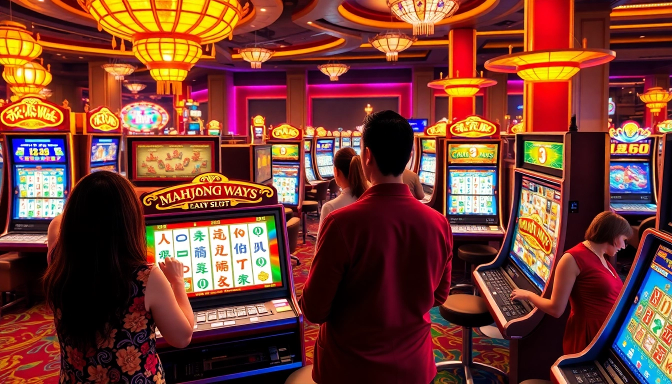 Experience the excitement of Mahjong Ways 2 as players win at vibrant slot machines in a bustling casino.