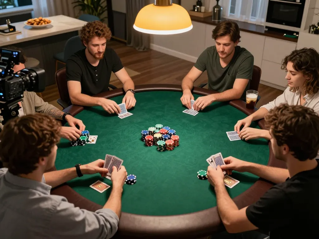 C168 TRANG CHỦ poker players engaged in an exciting game at home, showcasing strategy and social interaction.