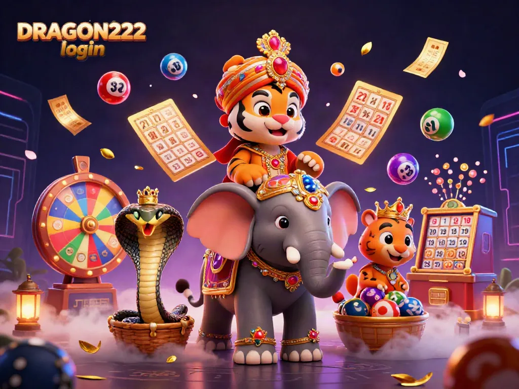 Engage in exciting gameplay and access the DRAGON222 login portal with vibrant casino elements set in a lively scene.