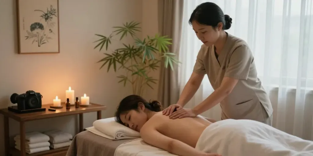 Enjoy a calming experience with 사당출장마사지 in a serene massage room setting, featuring a therapist and tranquil ambiance.