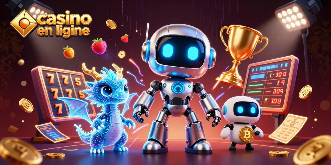 Jouez au casino en ligne avec ce robot futuriste et son dragon holographique dans une illustration dynamique.
