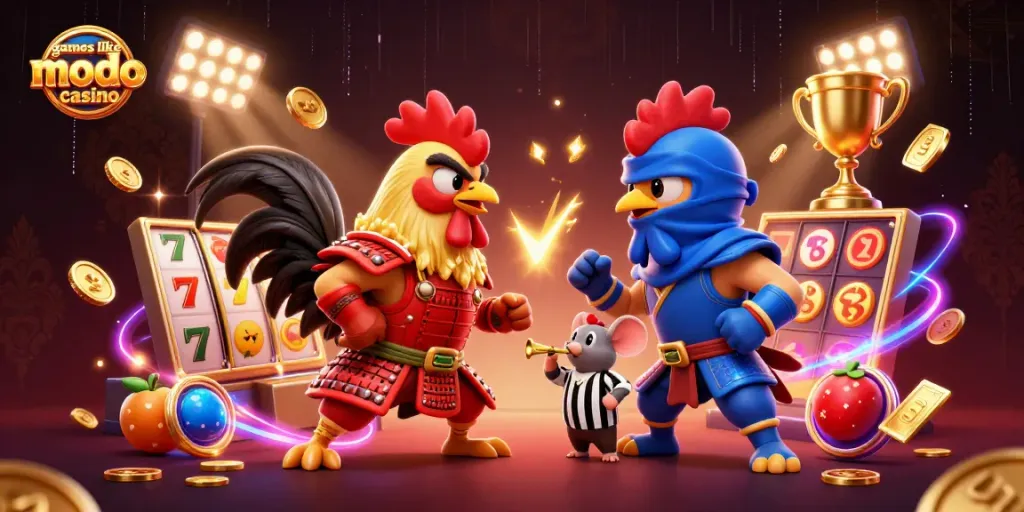 Experience dynamic action with games like modo casino in a vibrant rooster showdown featuring slots and trophies.