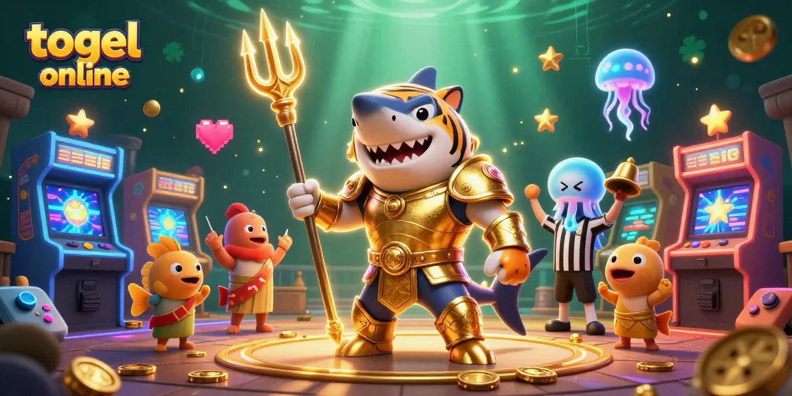 Menampilkan togel online, ilustrasi menarik dengan hiu kartun 3D mengenakan baju zirah, di arena bawah laut.