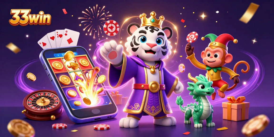 Win big with 33win in this vibrant 3D casino scene showcasing exciting games.