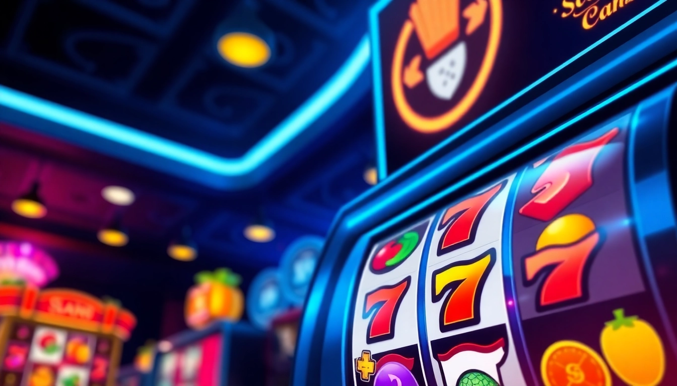 Mainkan slot online dengan grafis yang menarik dan simbol berwarna-warni di latar kasino.