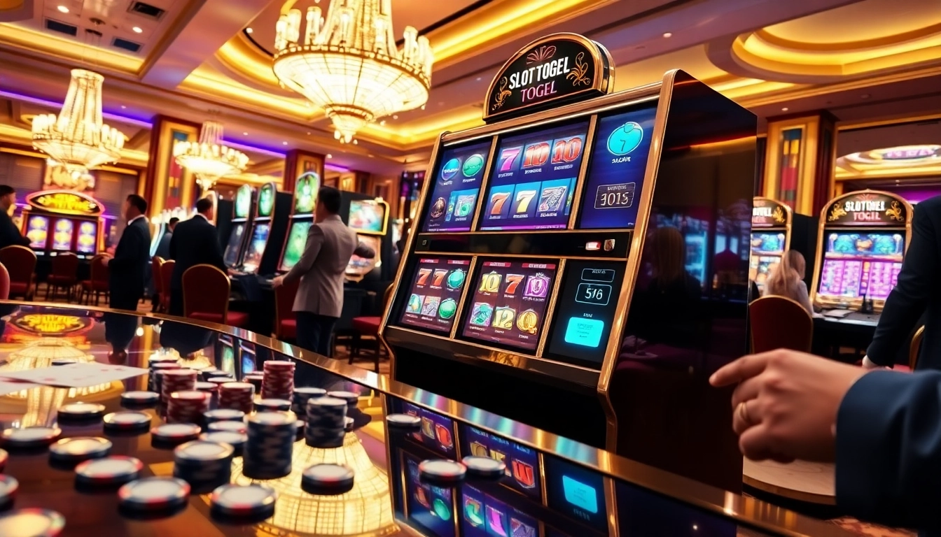 Rasakan sensasi slot togel dengan adegan kasino dinamis ini yang menampilkan mesin slot dan meja poker.