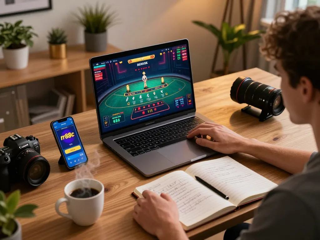 Player enjoying rr88c online gaming on laptop with strategy notes in a cozy home.