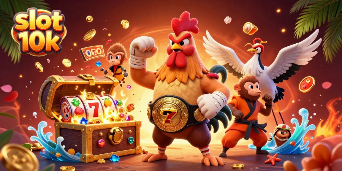 Experience the excitement of slot 10k with fantastical characters amidst vibrant casino elements.