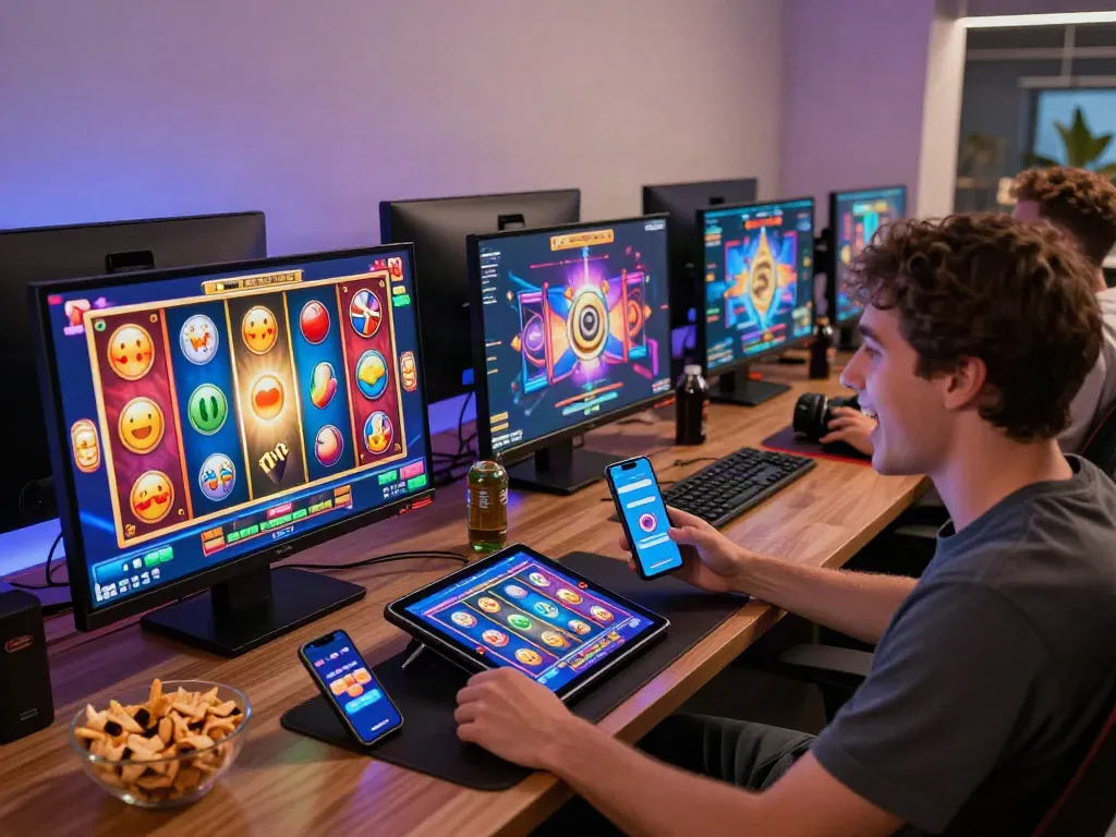 Engaging player enjoying slot jackpot games with vibrant graphics and snacks.
