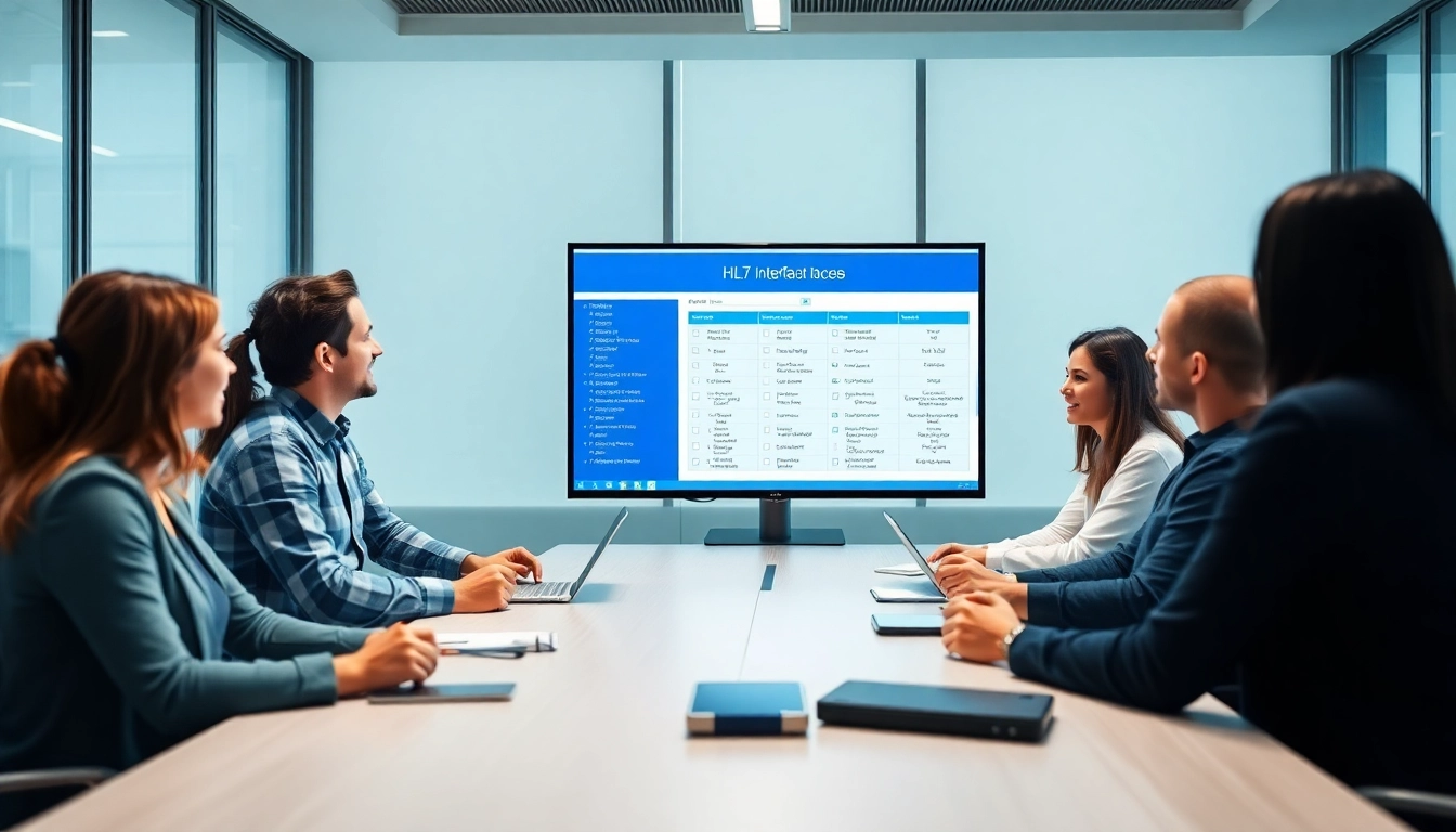Veranschaulichen Sie die Zusammenarbeit bei HL7 Interface-Protokollen in einem modernen Büro.