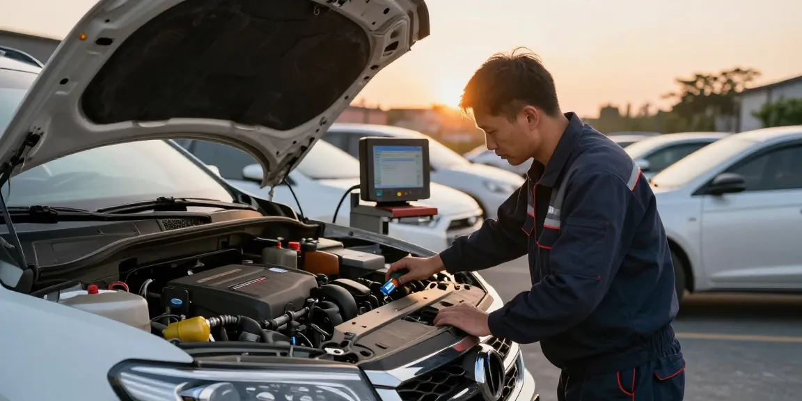 Technician draining AdBlue in diesel car at roadside service center.