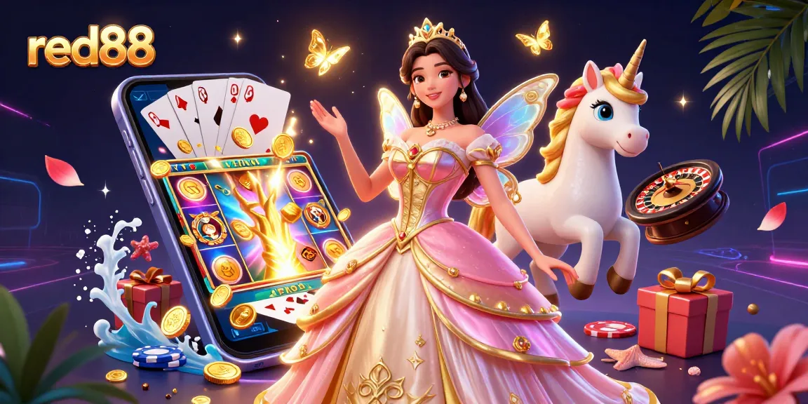 Play slots at red88 with stunning visuals of a glamorous woman, a unicorn, and dynamic gaming elements.