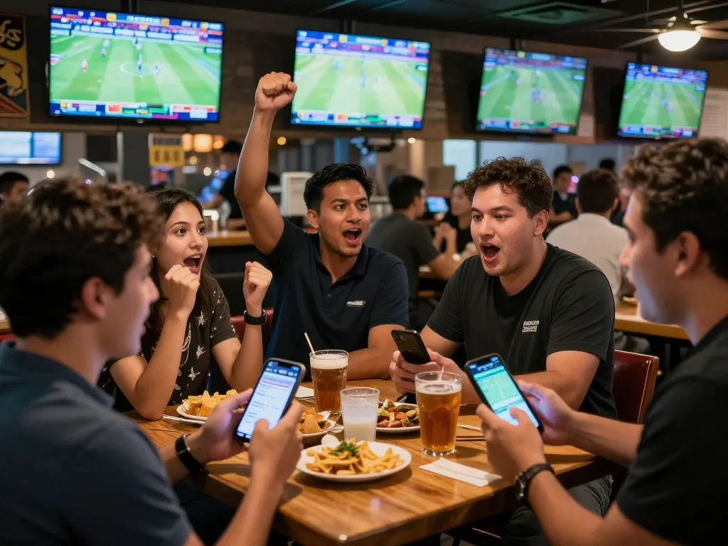 Engaged sports fans analyzing kèo nhà cái while celebrating a winning bet at a lively bar.