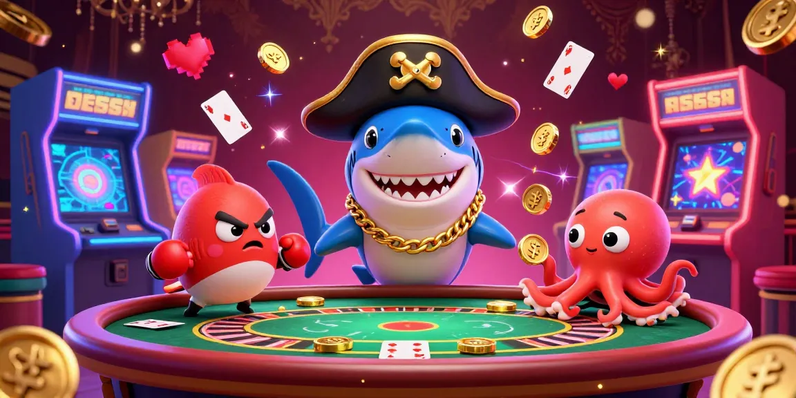 Baccarat table scene with a shark and octopus immersed in lively casino action.