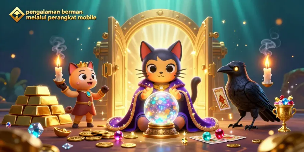 Pengalaman bermain melalui perangkat mobile dengan karakter kasino 3D yang menyenangkan dan efek cahaya berkilau.