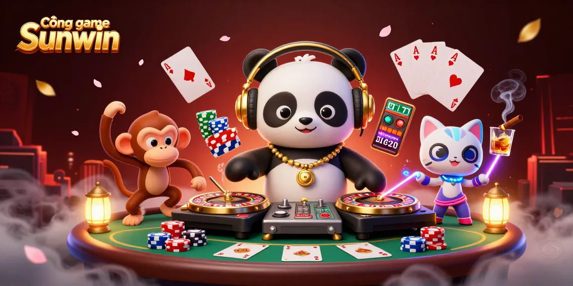 Engage with Cổng game Sunwin in a lively illustration featuring a DJ panda and vibrant casino elements.