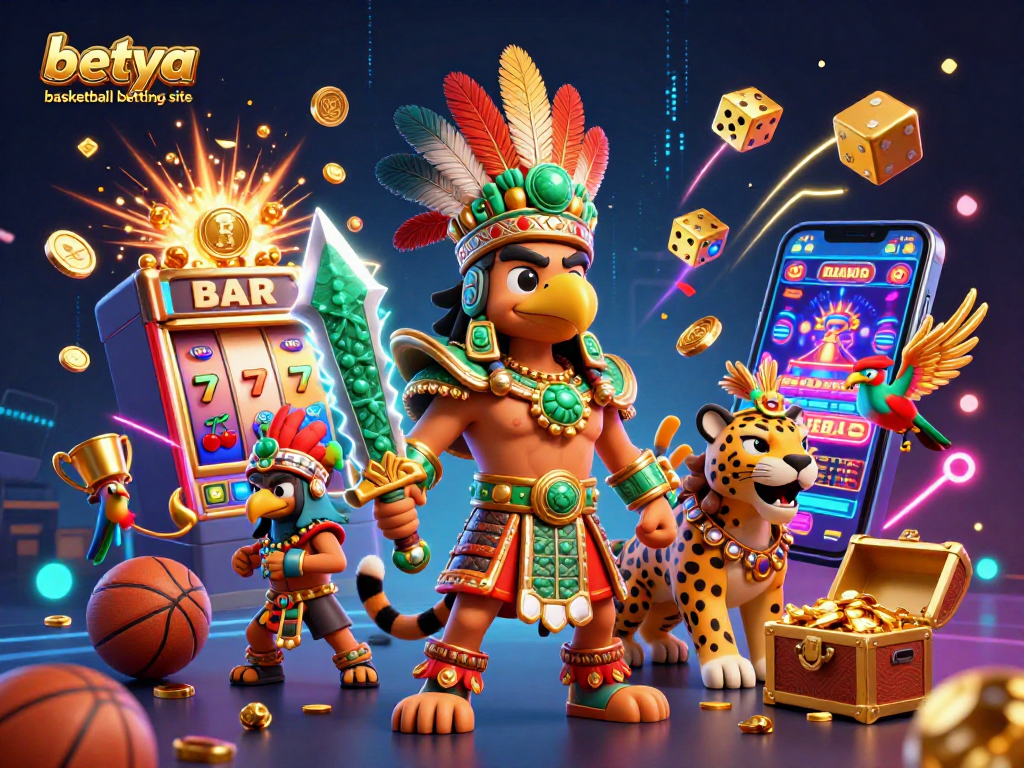 Bets escalate at the betya basketball betting site with an action-packed illustration of Aztec warriors amid sports-themed visuals.