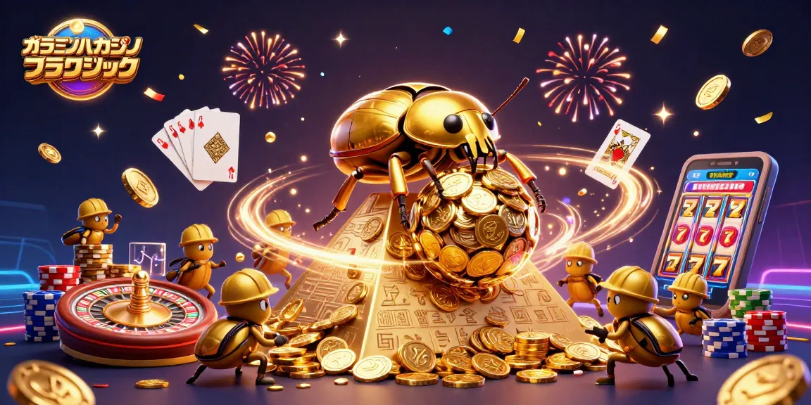 オンラインカジノブラックジャックで、金色のコインを転がすカブトムシのイラスト。