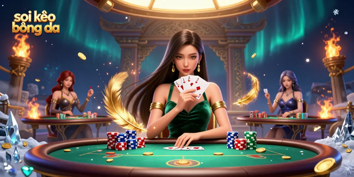 Soi kèo bóng đá with a beautiful Asian woman at a poker table, showcasing strategic gameplay and captivating elements.