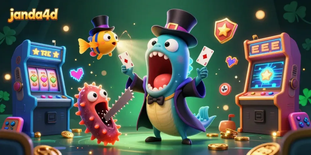 JANDA4D menampilkan hiu gulper bioluminescent yang melakukan trik kartu dalam suasana kasino digital yang meriah.