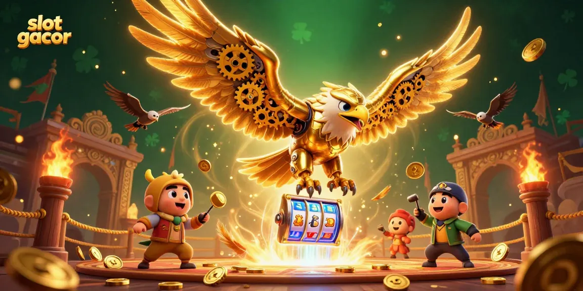 Engage with slot gacor action featuring a cybernetic eagle amidst a dynamic casino scene.