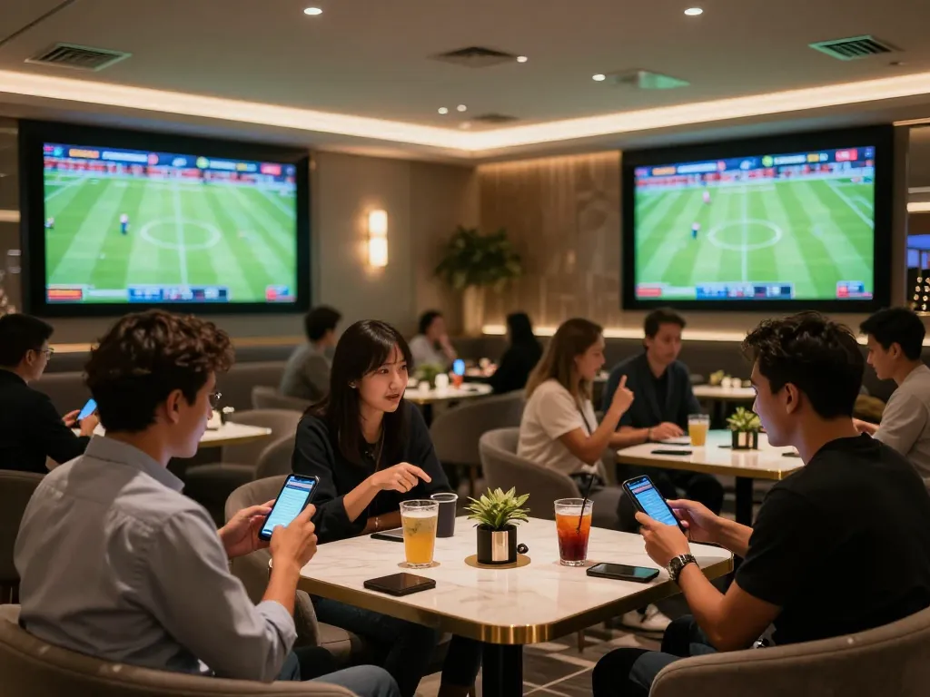 Watching live matches while placing bets on trang cá cược bóng đá with friends in a stylish lounge