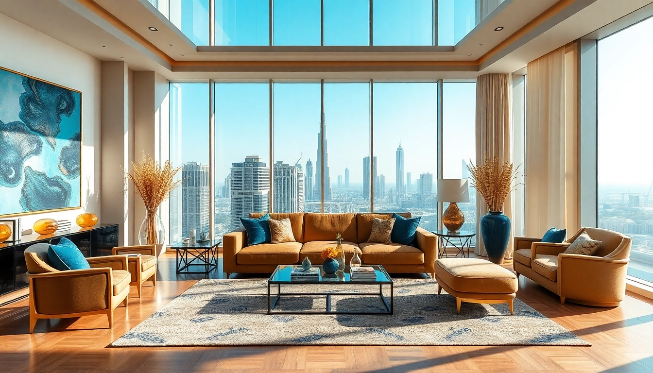 Beautiful interior design dubai highlighting a luxurious living room with elegant decor and city views.